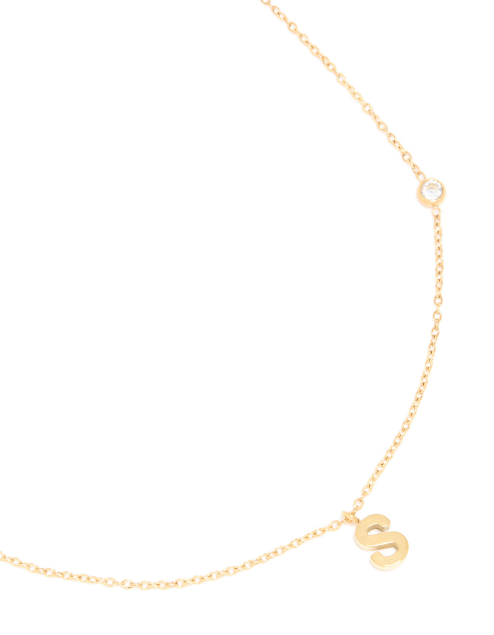Discover a waterproof gold plated stainless steel letter S initial dainty pendant necklace close up view