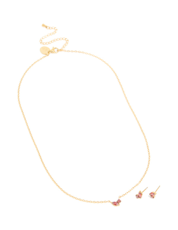 Waterproof Gold Plated Stainless Steel January Red Cubic Zirconia Birthstone Necklace & Earrings Set