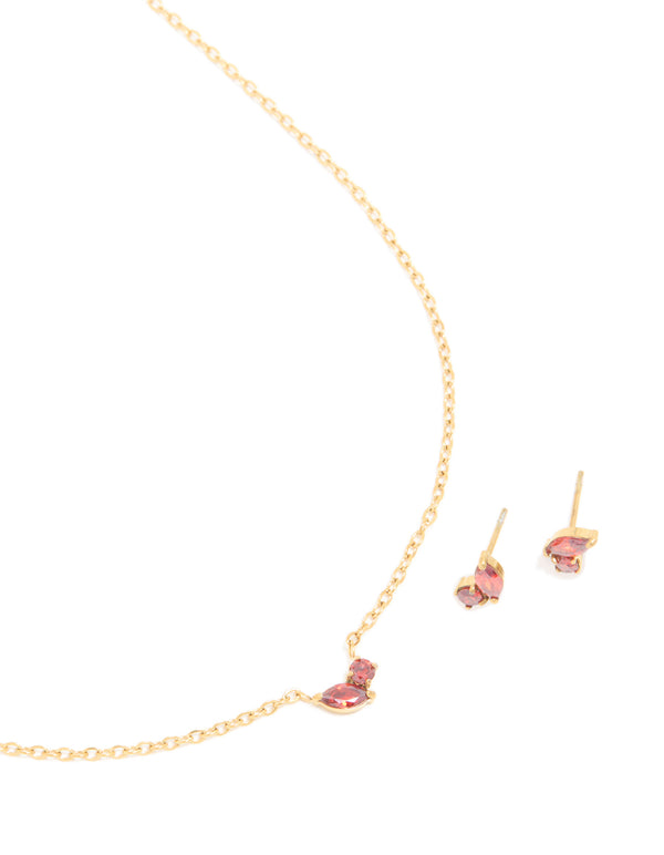 Waterproof Gold Plated Stainless Steel January Red Cubic Zirconia Birthstone Necklace & Earrings Set