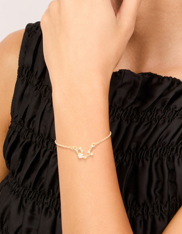 Waterproof Gold Plated Stainless Steel Cubic Zirconia Aquarius Zodiac Sign Bracelet