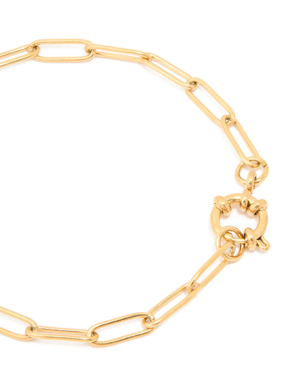 Crafted from waterproof gold plated stainless steel fine link dainty clasp bracelet in gold closure detail view