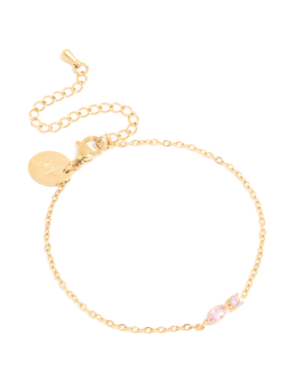 Showcasing a waterproof bracelet crafted from gold plated stainless steel with pink cubic zirconia stones front view