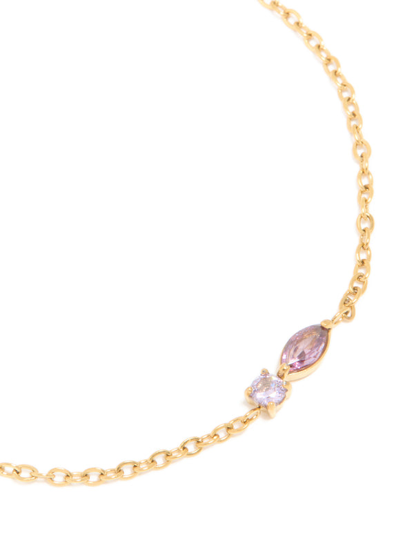 Waterproof Gold Plated Stainless Steel February Purple Cubic Zirconia Birthstone Bracelet