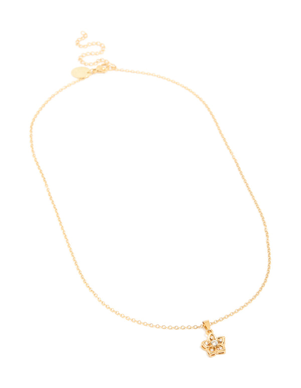Stunning waterproof gold plated stainless steel cubic zirconia flower outline pendant necklace front view