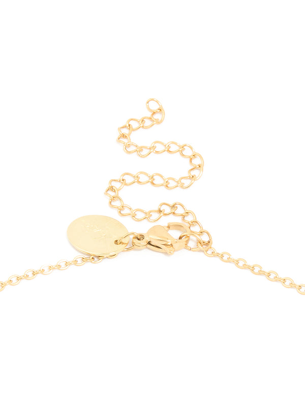 Detailed view of waterproof gold plated stainless steel cubic zirconia flower outline pendant necklace clasp detail view