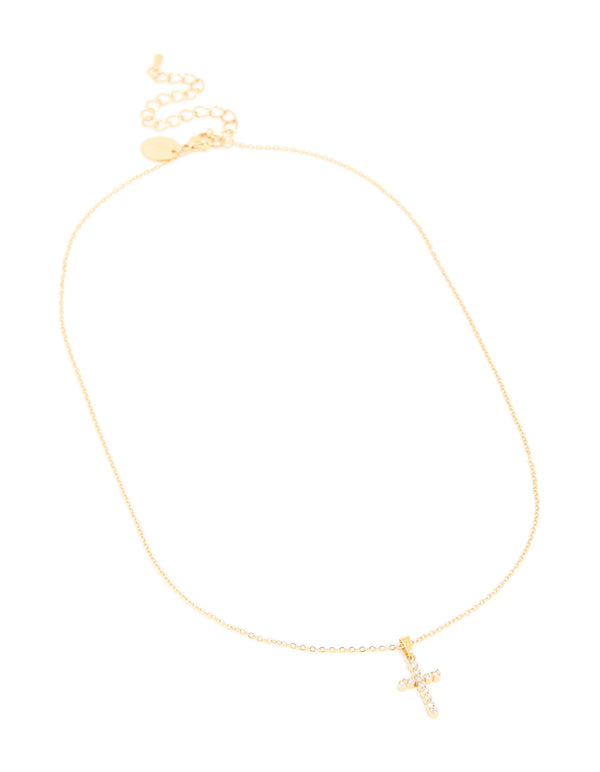 Waterproof Gold Plated Stainless Steel Cubic Zirconia Fine Cross Necklace