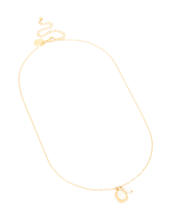 Crafted from waterproof gold plated stainless steel with pearl charm and square pendant necklace front view