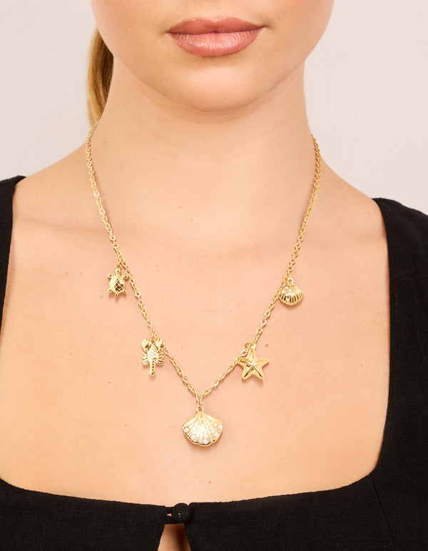 Waterproof Gold Plated Stainless Steel Sea Motif Charm Necklace