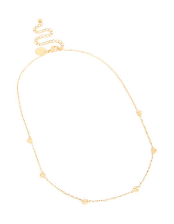 Showcasing a waterproof gold plated stainless steel micro hearts necklace in dainty design front view