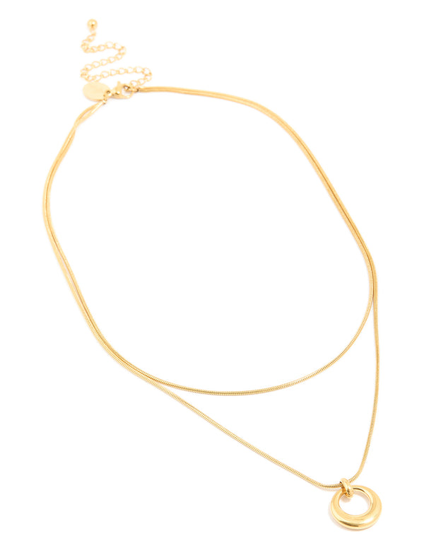Waterproof Gold Plated Stainless Steel Snake Chain & Open Circle Pendant Layered Necklace