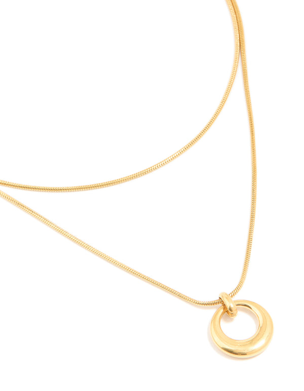 Waterproof Gold Plated Stainless Steel Snake Chain & Open Circle Pendant Layered Necklace