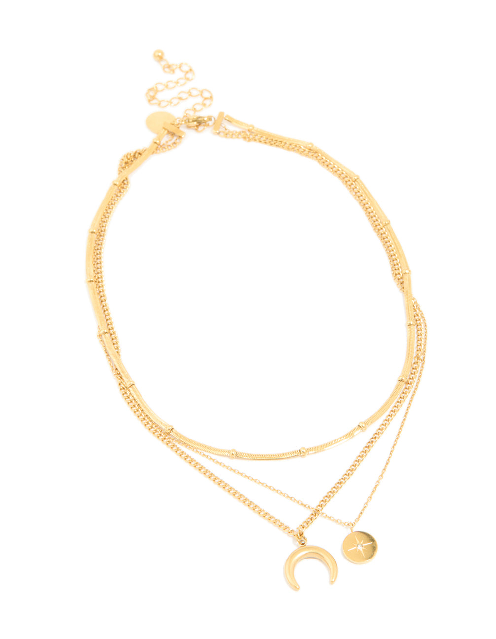 Elegantly displayed waterproof gold plated stainless steel layered necklace with celestial charm pendants featuring star, moon and balls front view