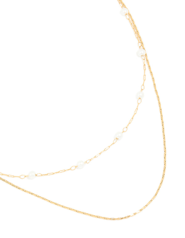 Beautifully crafted waterproof gold plated stainless steel pearl layered chain necklace close up view