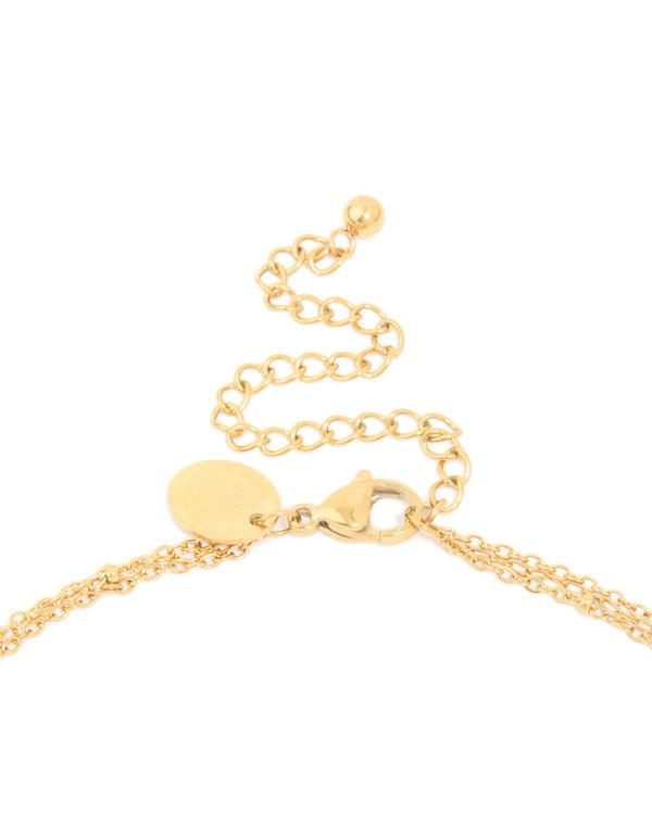 Waterproof Gold Plated Stainless Steel Green Jade Semi Precious Stone Pendant & Chain Layered Necklace