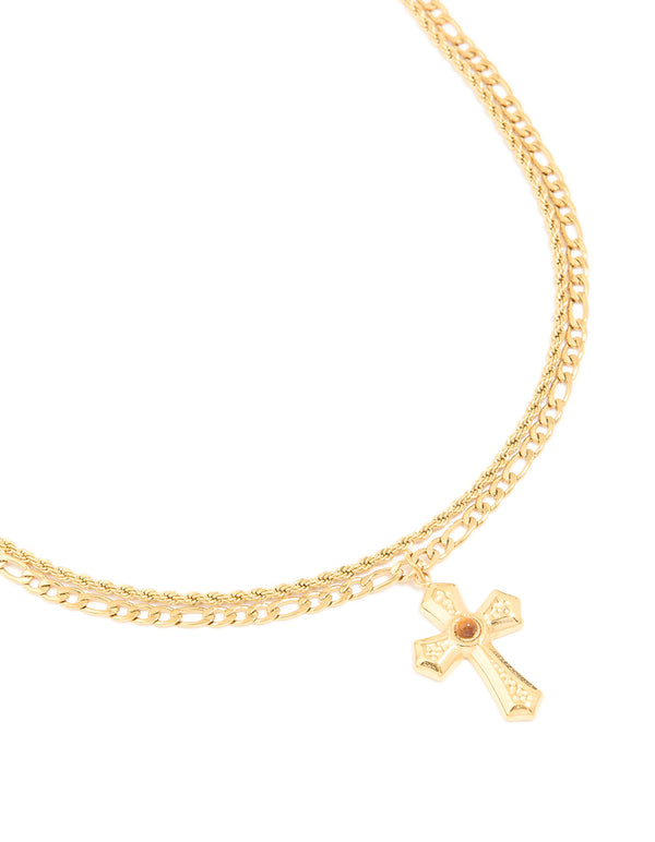 Waterproof Gold Plated Stainless Steel Tigers Eye Semi Precious Stone Cross Chain Layered Necklace