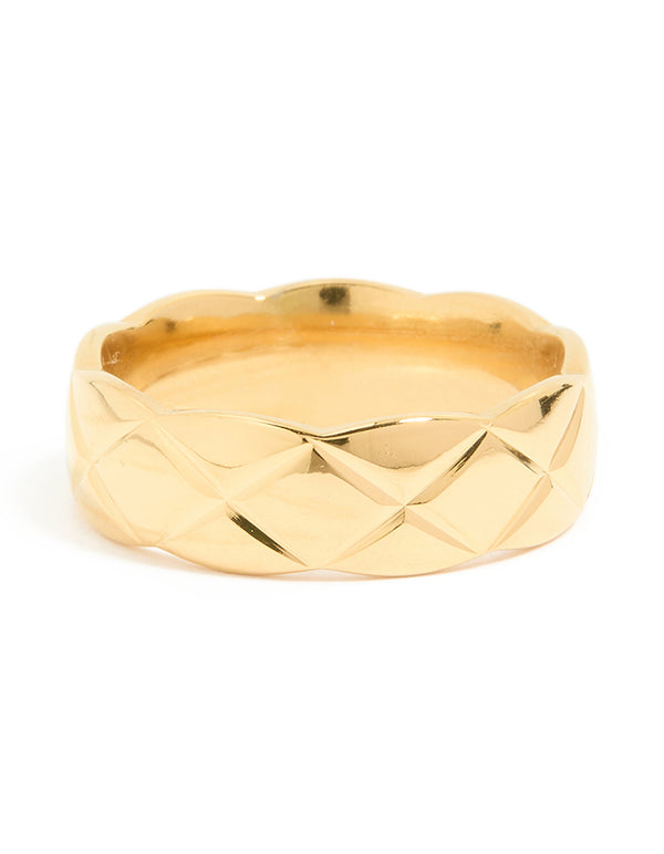 Showcasing a waterproof gold plated stainless steel crosshatch ring front view