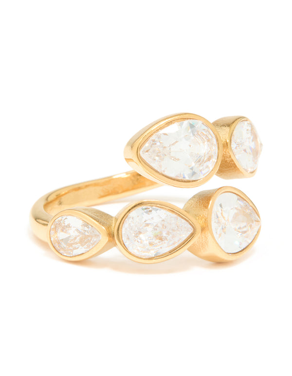 Waterproof Gold Plated Stainless Steel Cubic Zirconia Graduating Pear Wrap Ring