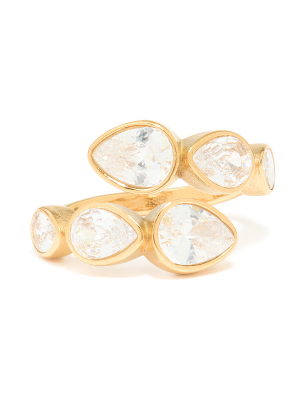 Showcase your style with this waterproof wrap ring featuring pear cut cubic zirconia stones in a stainless steel setting front view