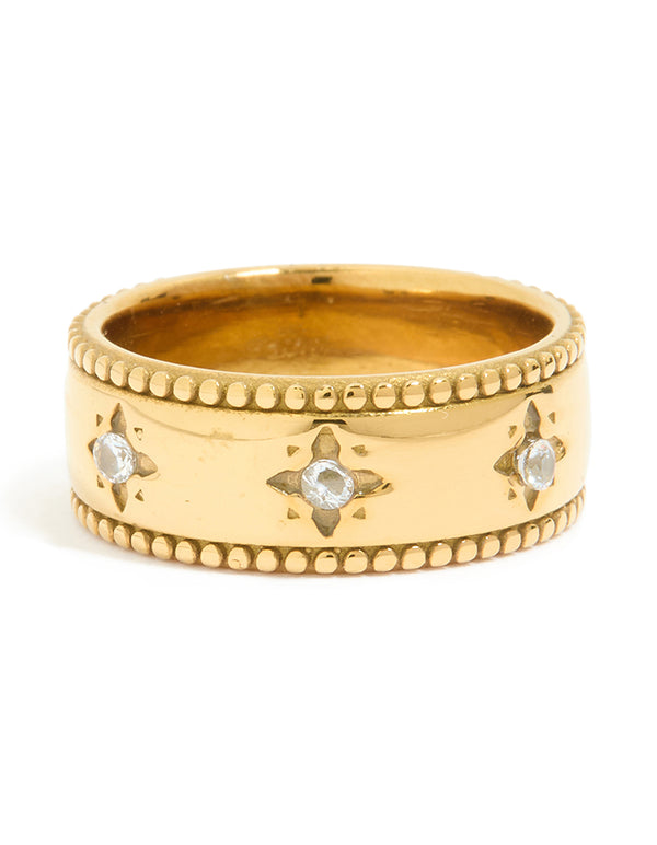 Highlighting waterproof gold plated stainless steel cubic zirconia celestial star thick band ring close up view