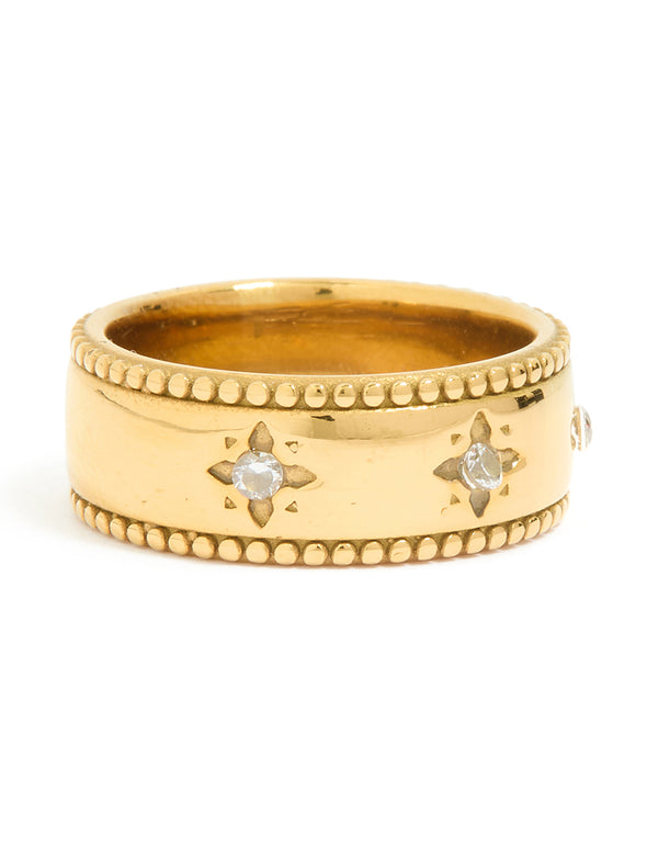 Showcasing a waterproof gold plated stainless steel ring with cubic zirconia celestial star thick band front view