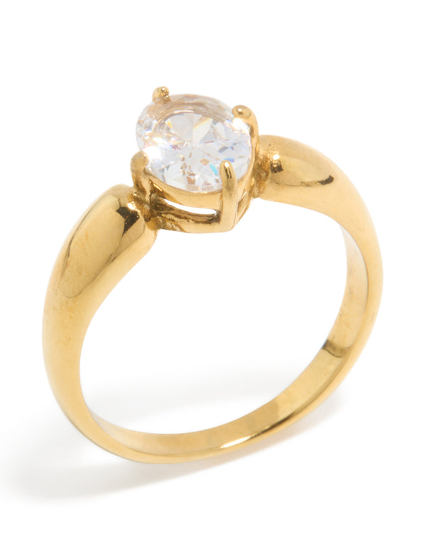 Crafted from thick waterproof gold plated stainless steel with oval cut cubic zirconia in a statement style side detail view