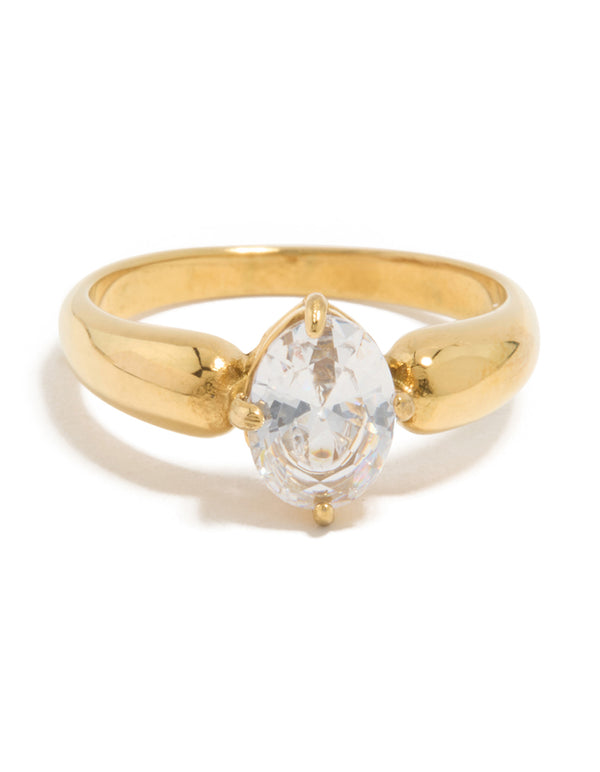 Highlighting a thick waterproof gold plated stainless steel ring with oval cut cubic zirconia in a statement style close up view