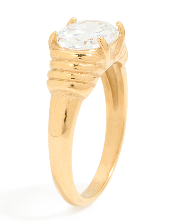 Highlighting a waterproof gold plated stainless steel ring with oval cubic zirconia crystal and ribbed design side detail view