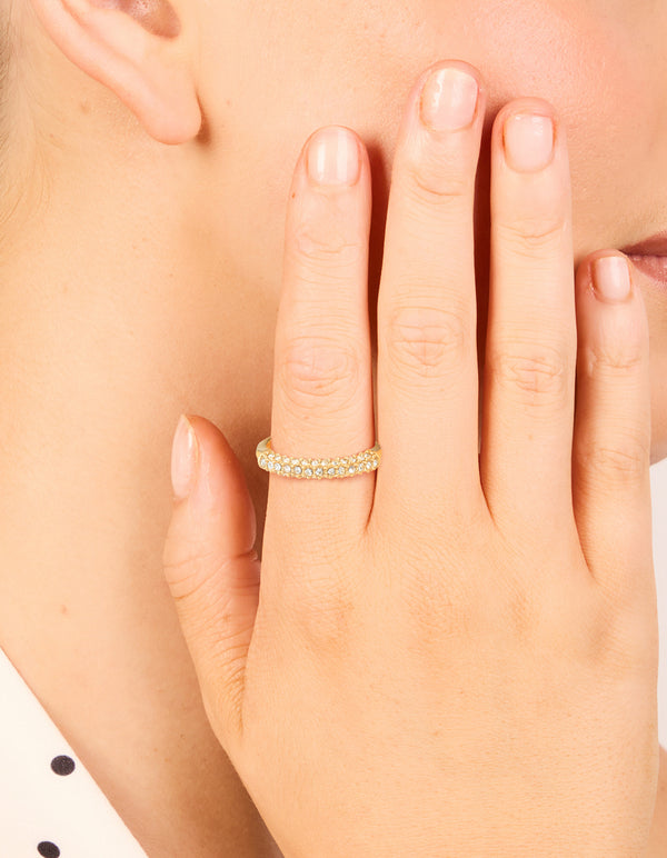 Featuring a waterproof gold plated stainless steel skinny ring with cubic zirconia pave on finger view