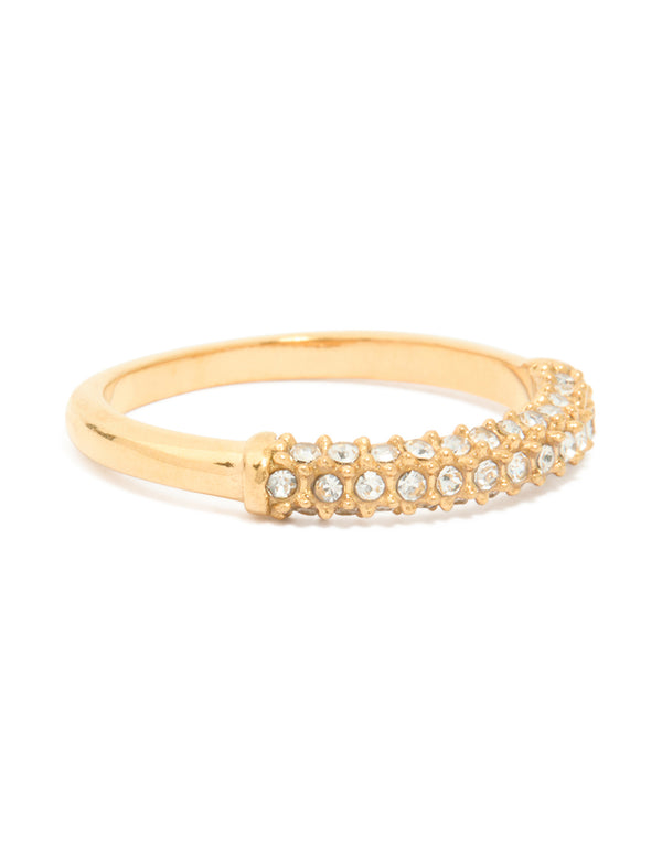 Crafted from waterproof gold plated stainless steel with cubic zirconia pave skinny ring front view