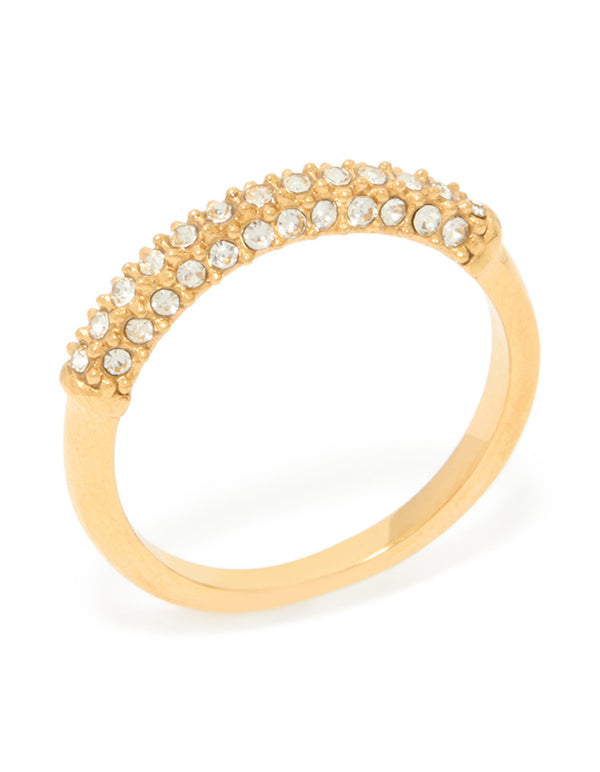 A waterproof gold plated stainless steel skinny ring featuring cubic zirconia pave side detail view