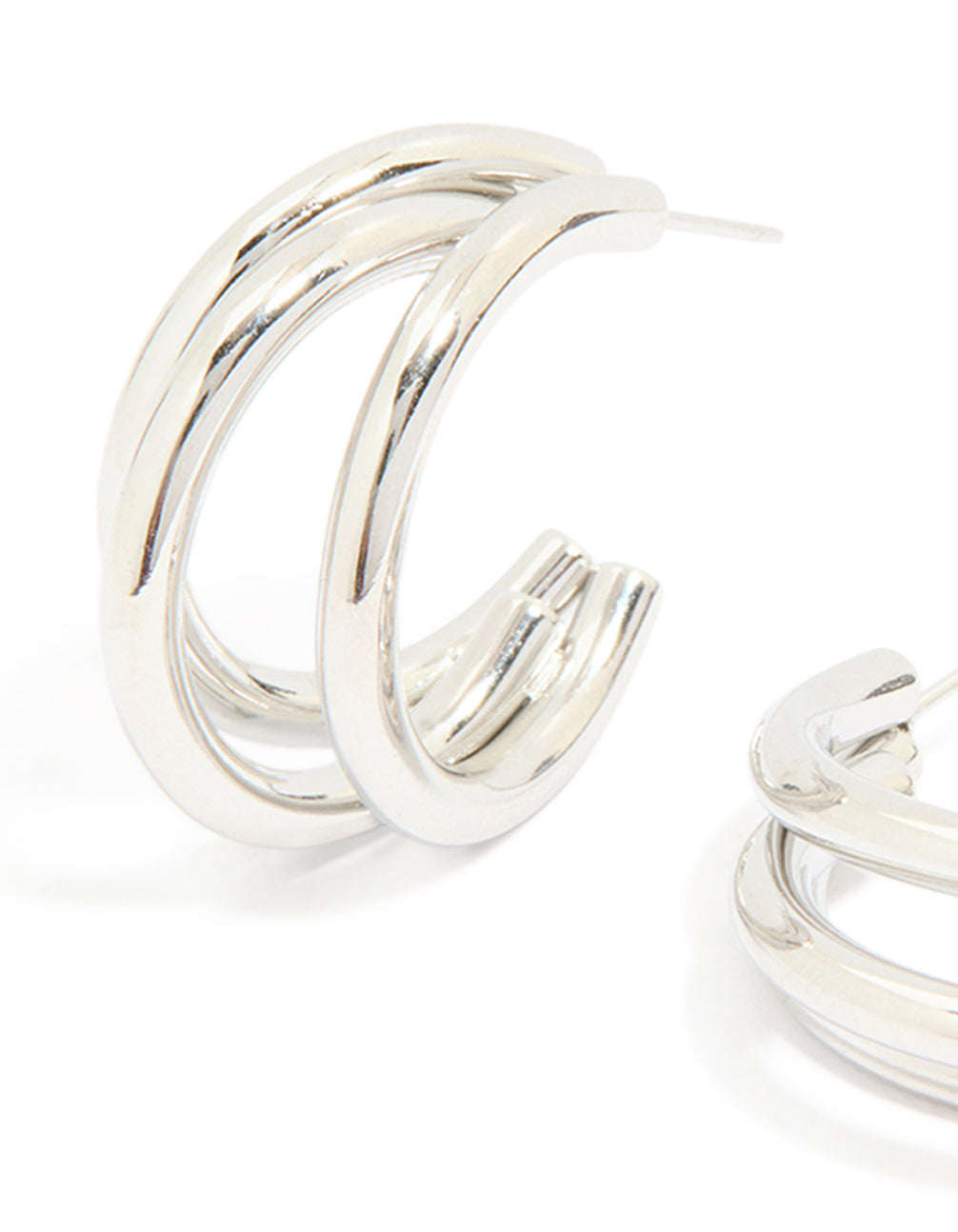 Detailed look at waterproof stainless steel triple prong hoop earrings in silver close up view