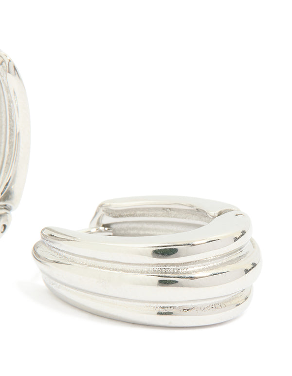 Showcasing waterproof stainless steel hinge hoop indented earrings in silver post detail view