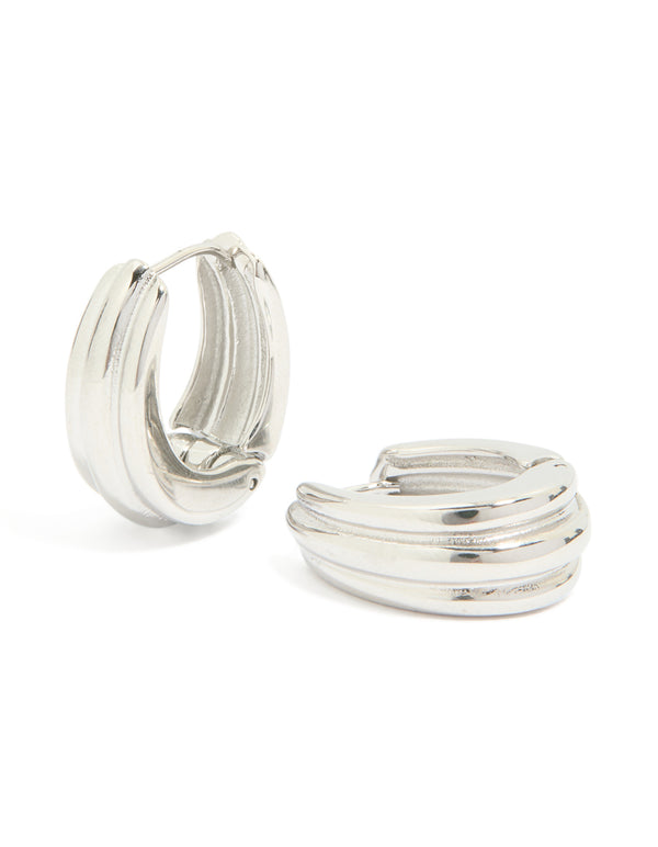 Crafted from waterproof stainless steel hinge hoop indented earrings in silver front view