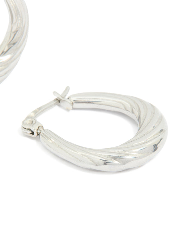 Waterproof Textured Stainless Steel Oval Hoop Earrings