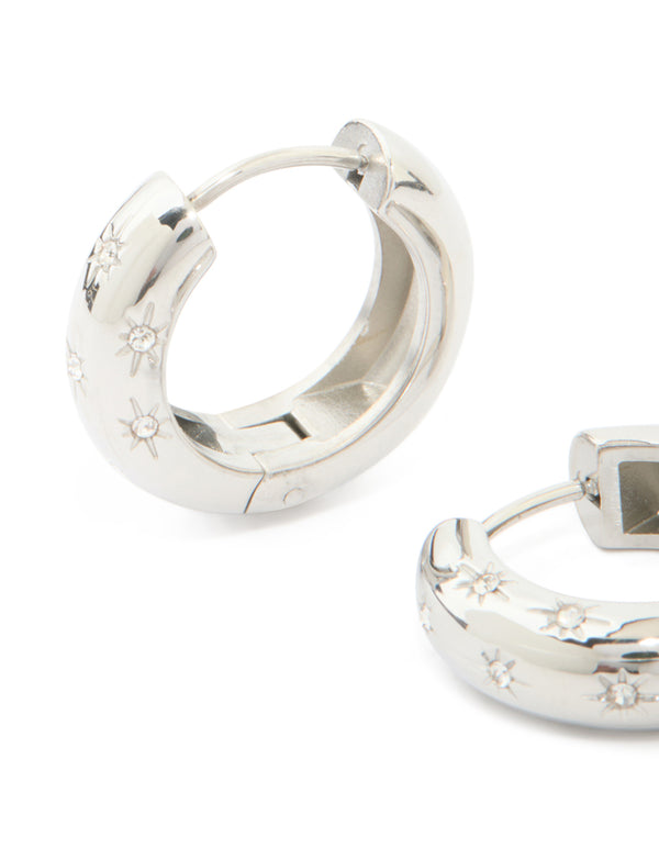 Discover waterproof stainless steel cubic zirconia star hanging hoop earrings in celestial style close up view