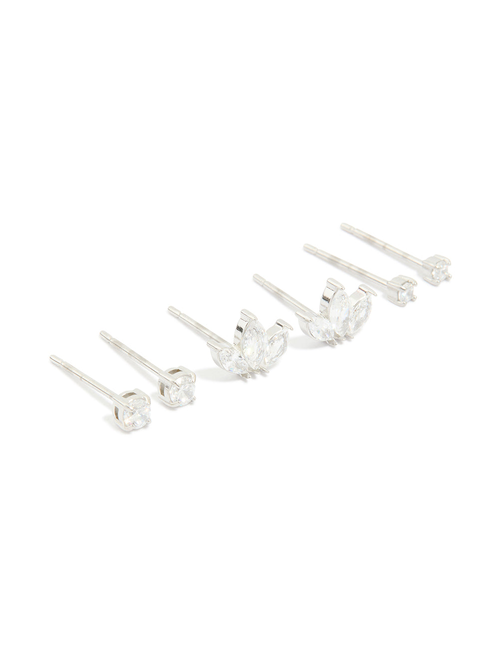 Discover waterproof stainless steel cubic zirconia fine marquise and classic stud earrings in a 3-pack with silver tones front view