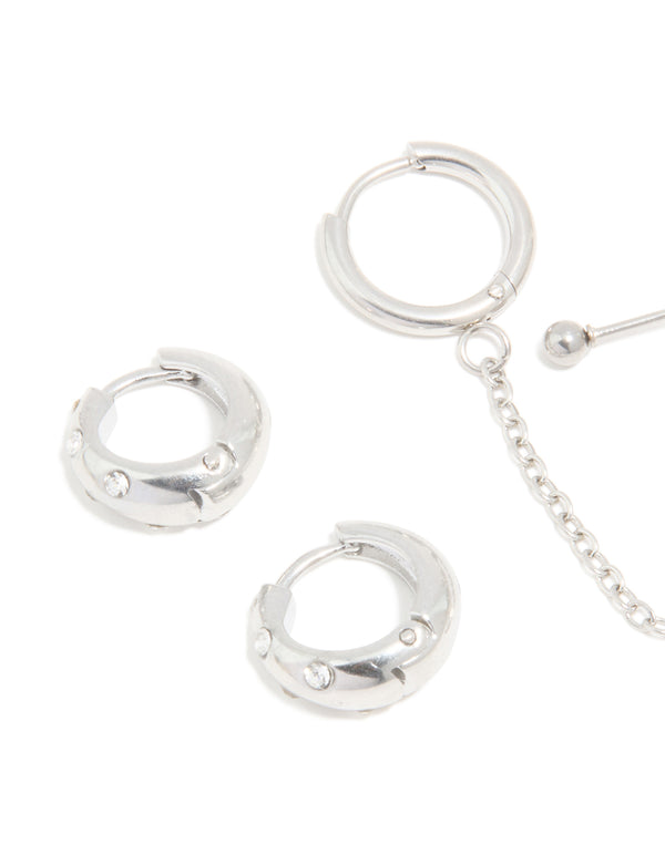 Showing waterproof stainless steel chain and huggie earrings in a 3-pack with stud closure in silver finish close up view