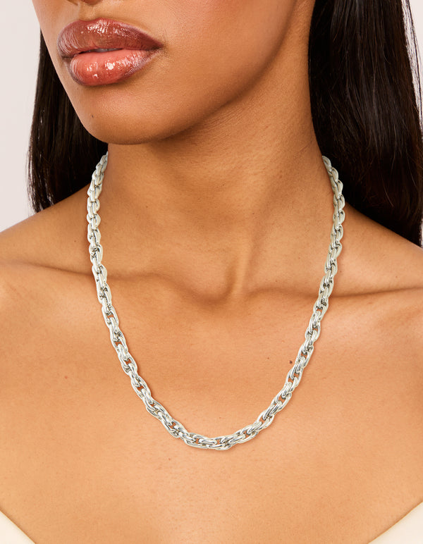 Showcasing a waterproof stainless steel chunky chain necklace in silver on neck view