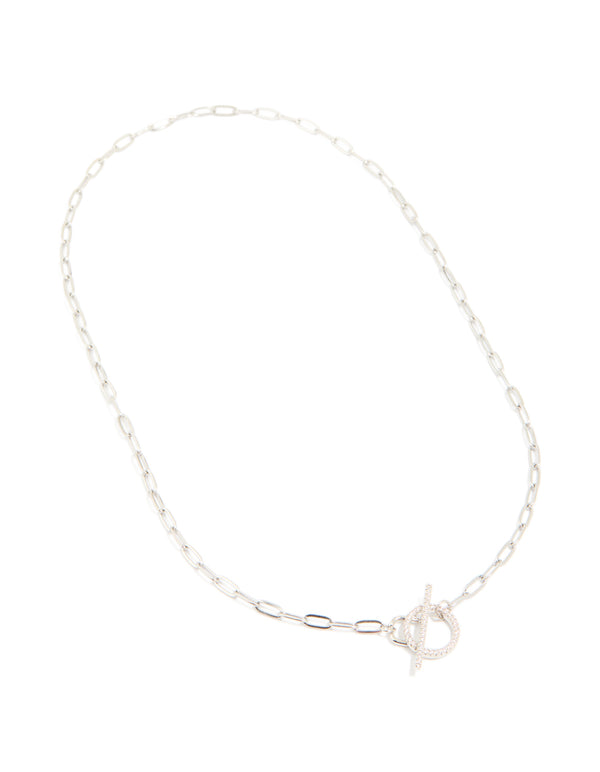 Beautifully crafted waterproof stainless steel cubic zirconia T-bar necklace featuring bar front view