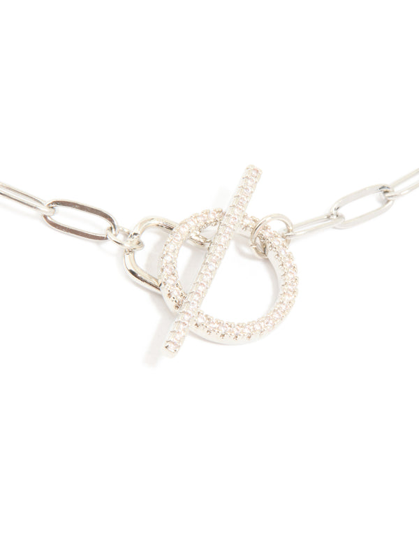 Stunning waterproof stainless steel cubic zirconia T-bar necklace with intricate bar detail clasp detail view
