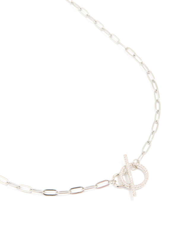 Discover a waterproof stainless steel cubic zirconia T-bar necklace featuring bar detail close up view