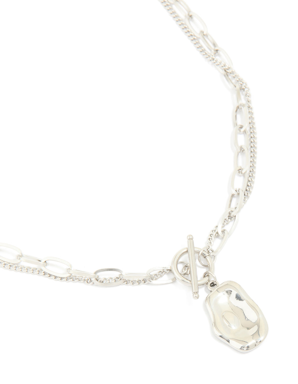 Discover this waterproof stainless steel molten pendant and chain layered necklace in silver close up view