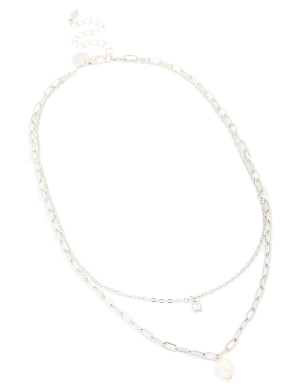 Waterproof Stainless Steel Diamante & Freshwater Pearl Chain Layered Necklace