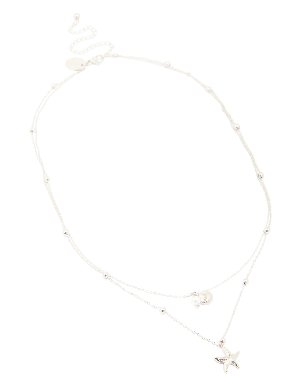 Featuring a waterproof stainless steel starfish and shell layered necklace with balls, charm, and pearl in silver showcasing ocean elements front view