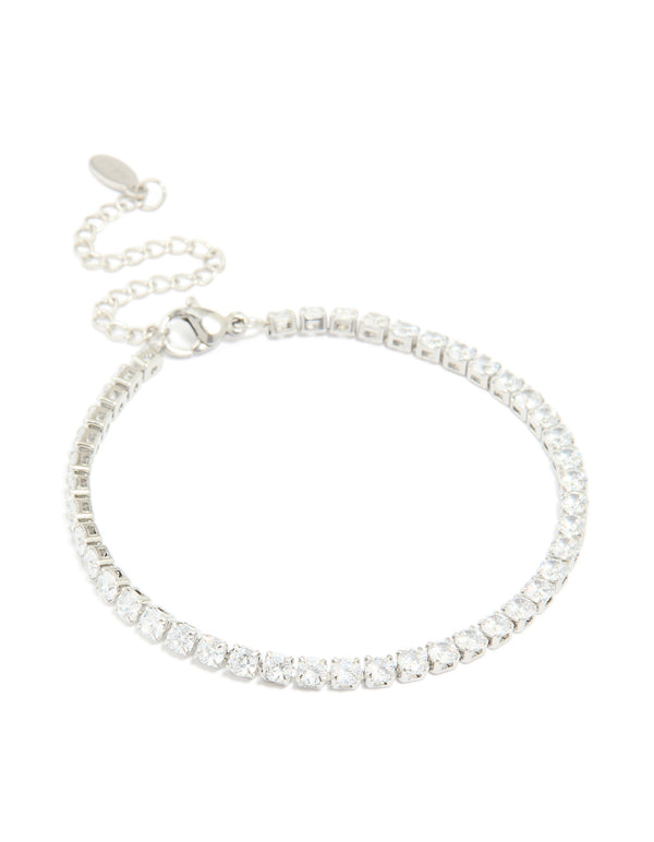 Showcasing a waterproof stainless steel tennis bracelet with cubic zirconia in silver front view