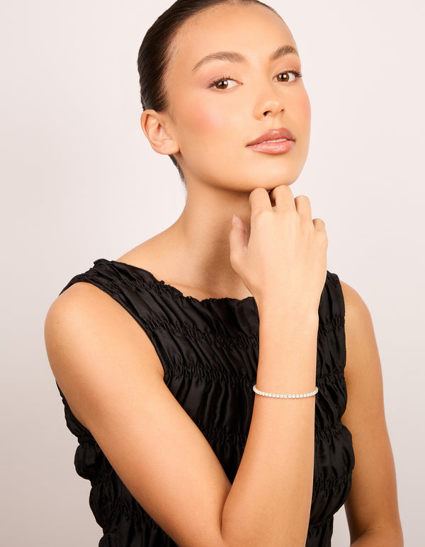 Stylish waterproof stainless steel tennis bracelet with cubic zirconia in silver on model view