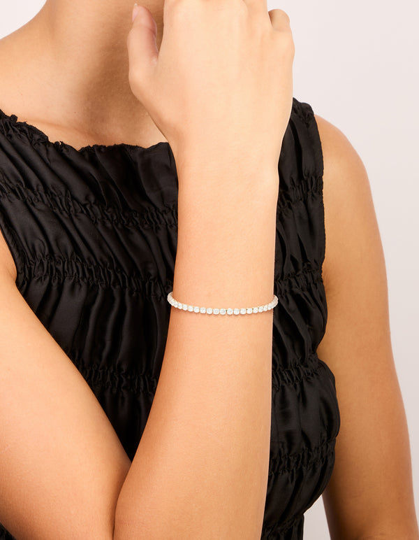 Elegant waterproof stainless steel tennis bracelet featuring cubic zirconia in silver on wrist view