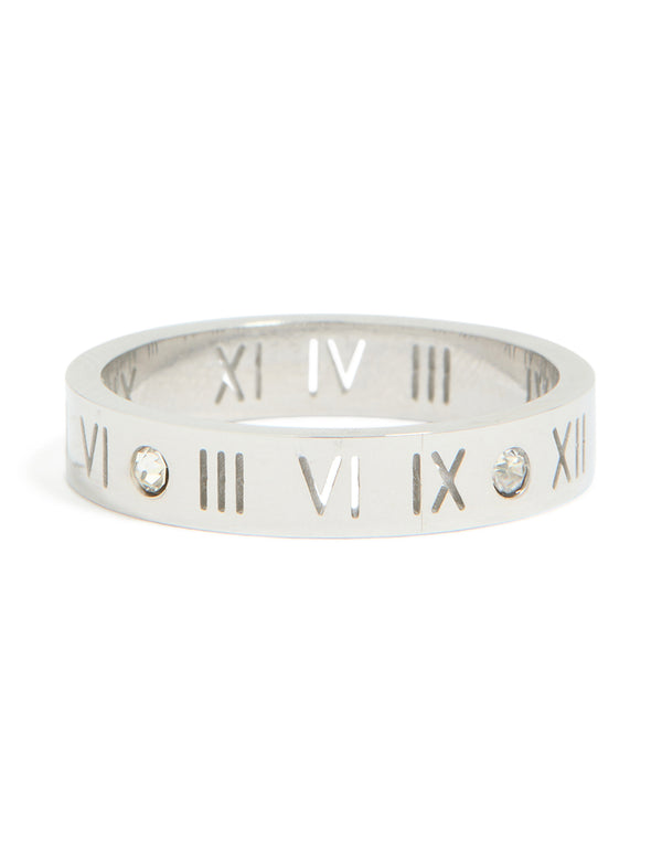 Showcasing a waterproof stainless steel ring with Roman numeral engraving and cubic zirconia accents in silver and clear stone front view