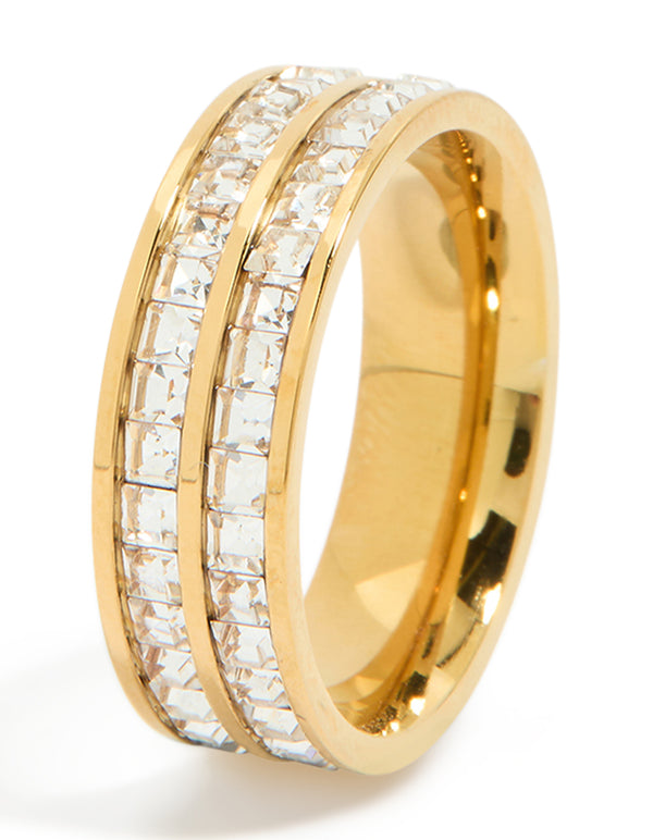 Crafted from waterproof gold plated stainless steel with square cubic zirconia in a double layered ring side detail view