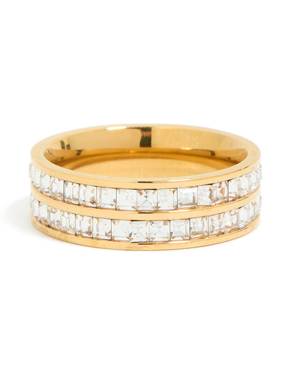 Discover a waterproof gold plated stainless steel ring featuring square cubic zirconia in a double layered design front view